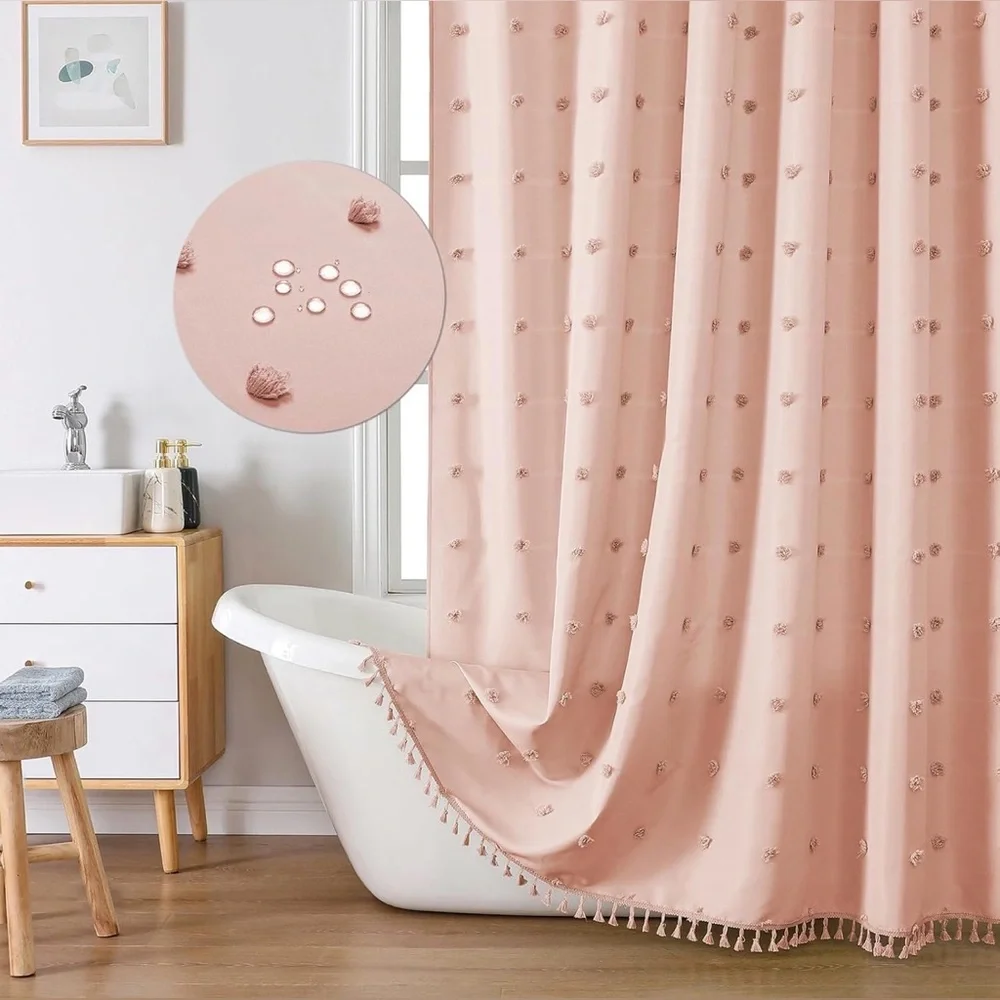 Water-Resistant Blush Pink Shower Curtain with Tassel Detail